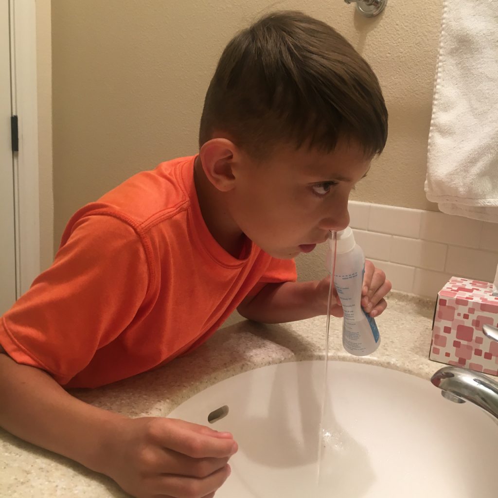 9 year old uses nasal saline rinse.